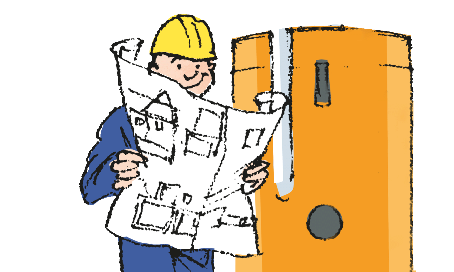 Illustration, Techniker blickt auf einen Anschlussplan vor einem Wasserboiler