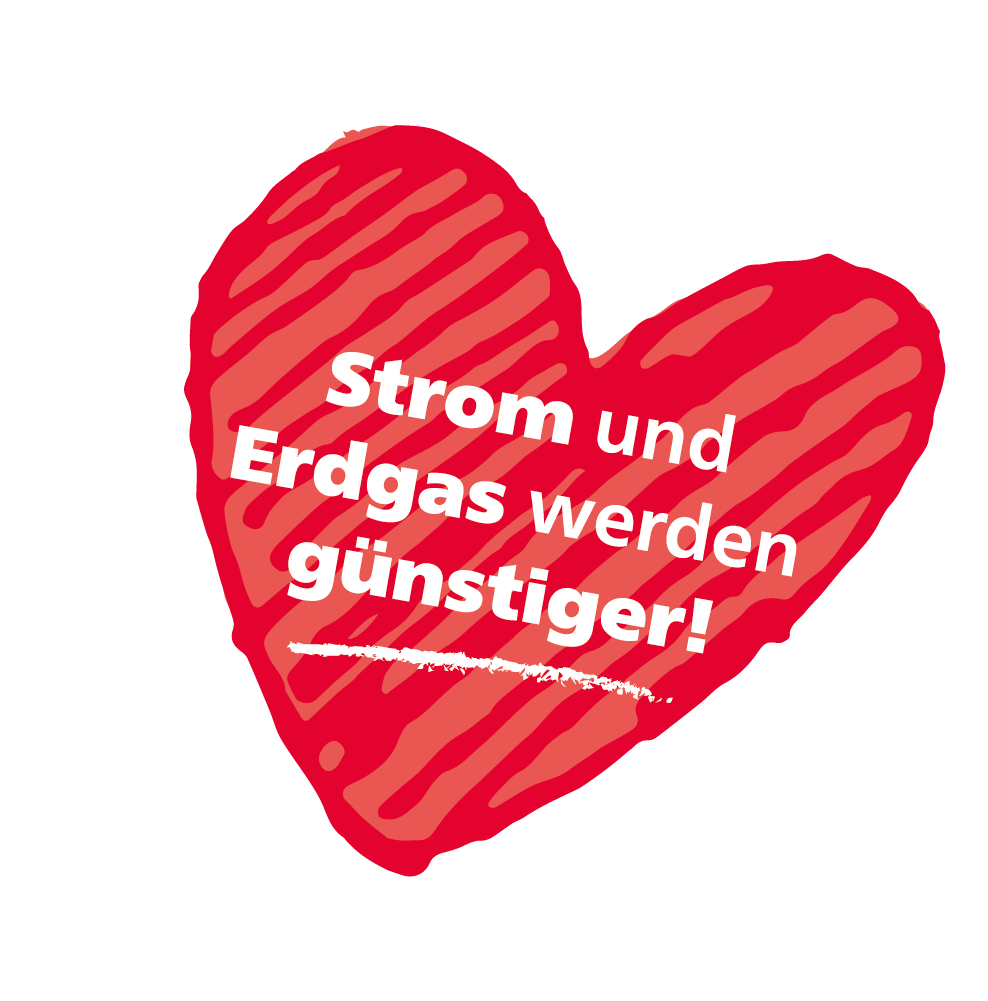Rotes Herz mit der Aufschrift "Strom und Erdgas werden günstiger!"