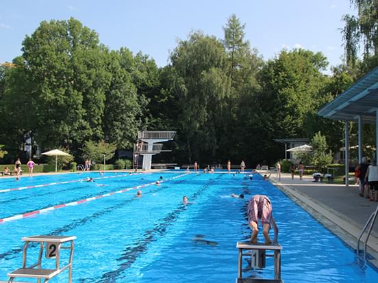 Schwimmbecken im Familienbad Dachau, Person springt von Startblock