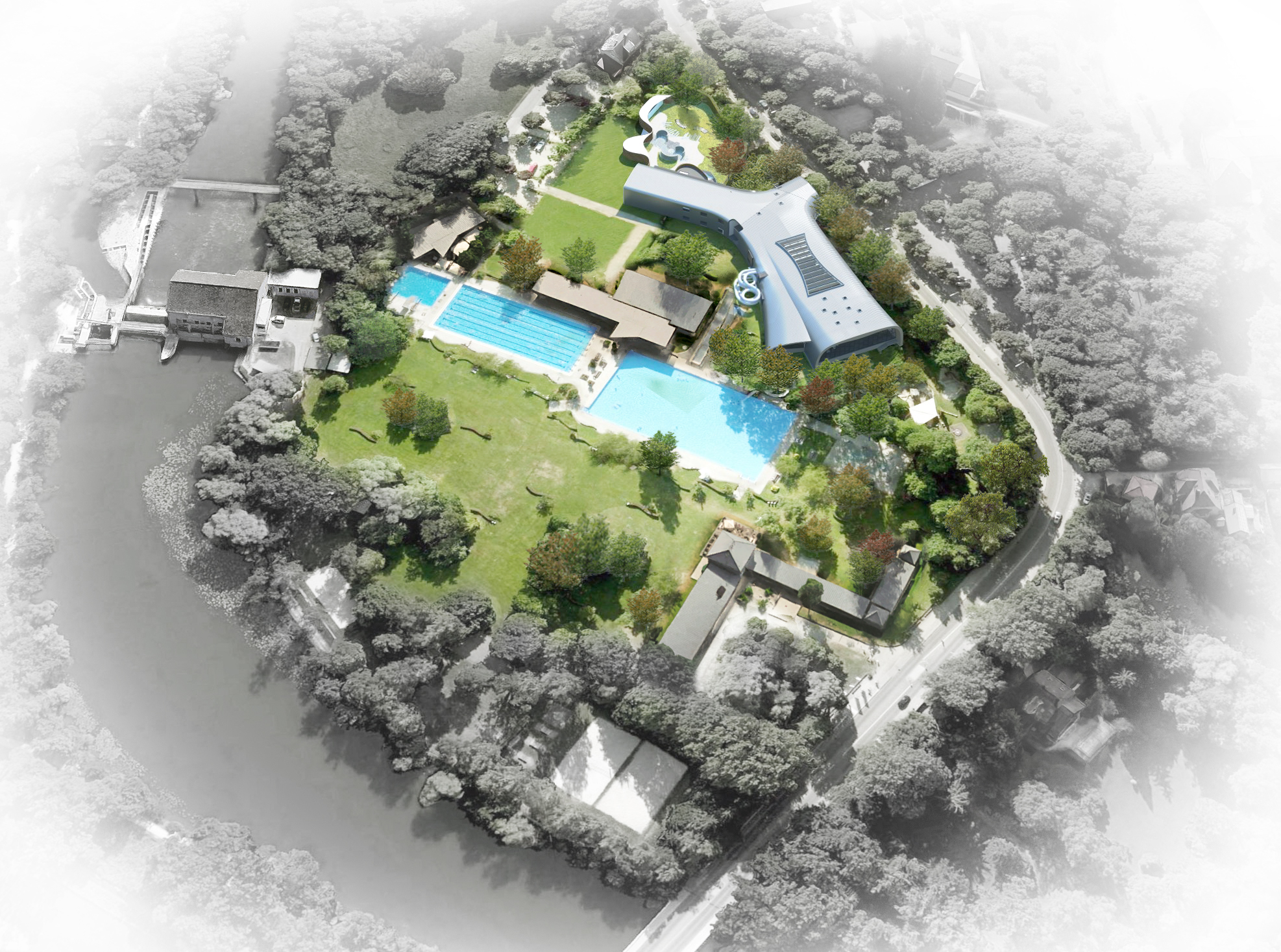 Visualisierung des gesamten Areals des Neubaus Hallenbad Dachau aus der Vogelperspektive – mit Freibad, Liegewiese, Hauptgebäude und umgebender Natur.