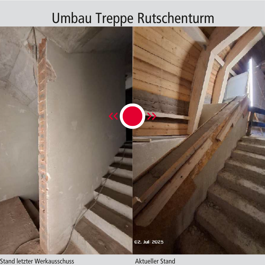 Vorher-Nachher-Vergleich der Treppe im Hallenbad Dachau: links der Rohbauzustand mit unvollständiger Wandverkleidung, rechts die fertiggestellte Treppe mit Holzverkleidung und Handlauf.