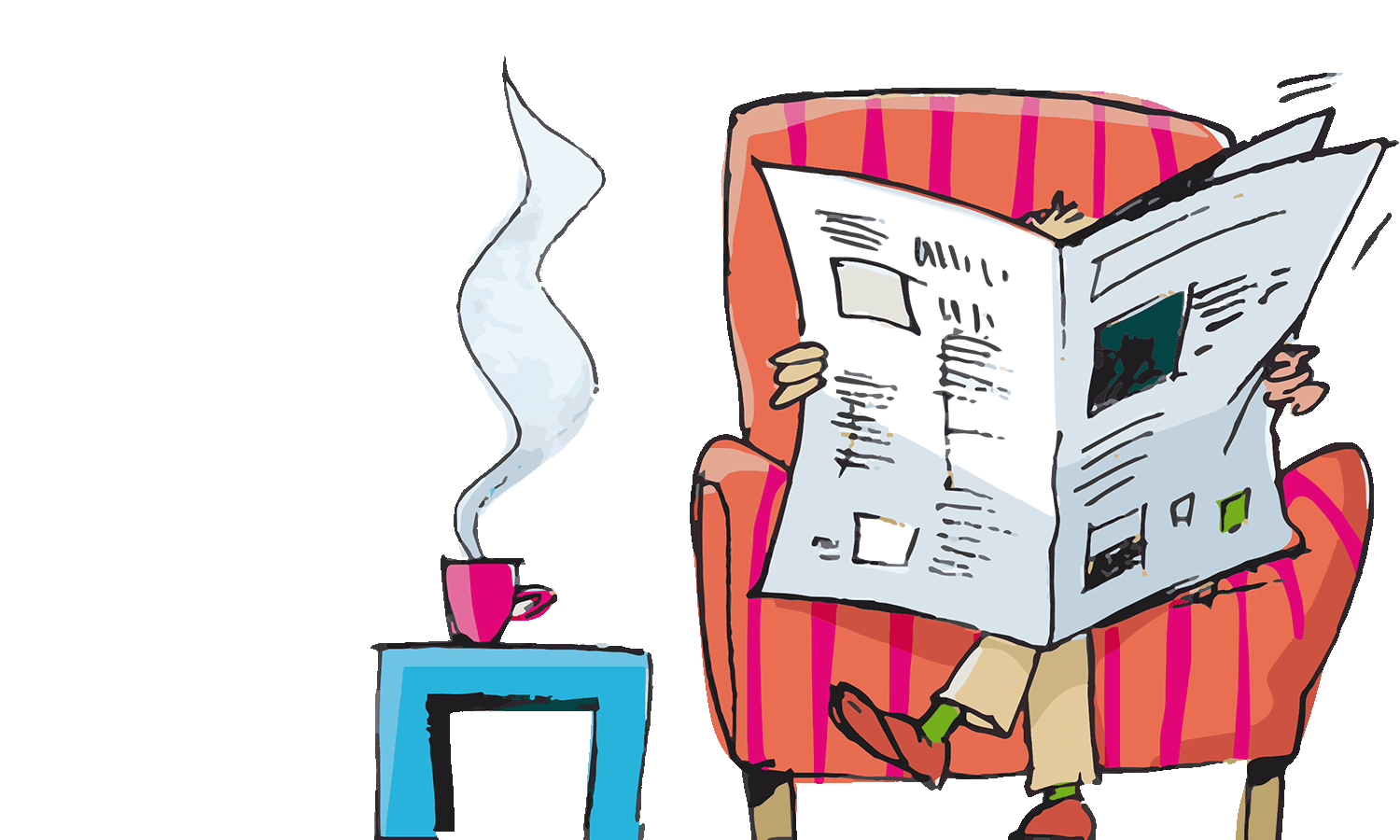 Illustration, Person sitzt im Sessel und liest eine Zeitung