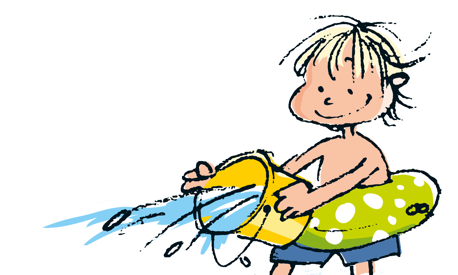 Illustration, Kind mit Schwimmreifen spielt mit Wasser und einem Eimer