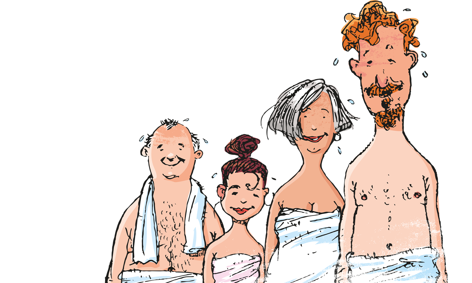 Illustration, Personen mit Handtüchern bekleidet in der Sauna