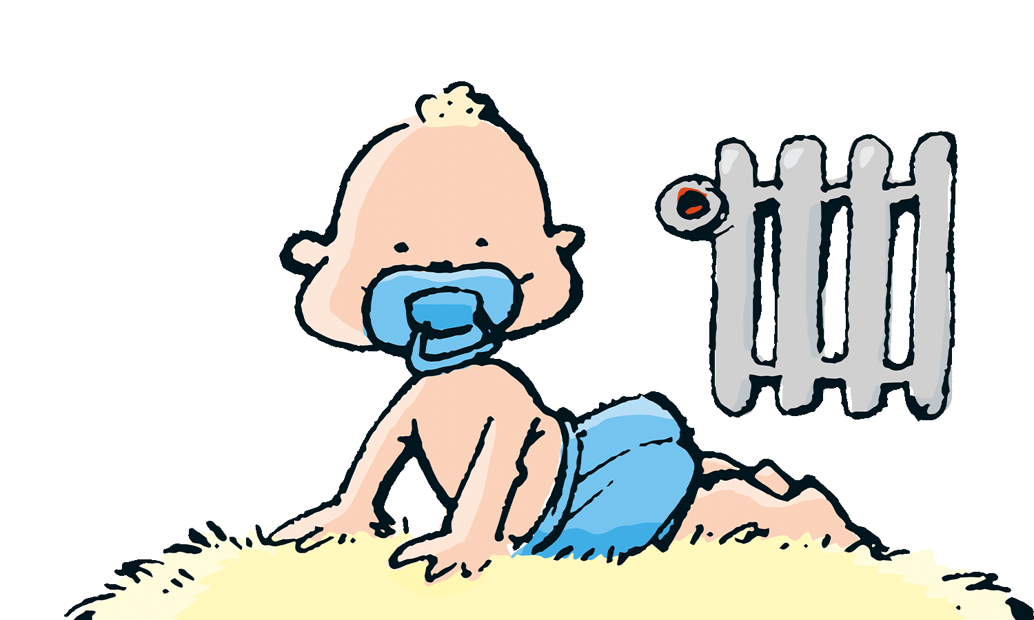 Illustration, zufriedenes Baby spielt vor wärmender Heizung