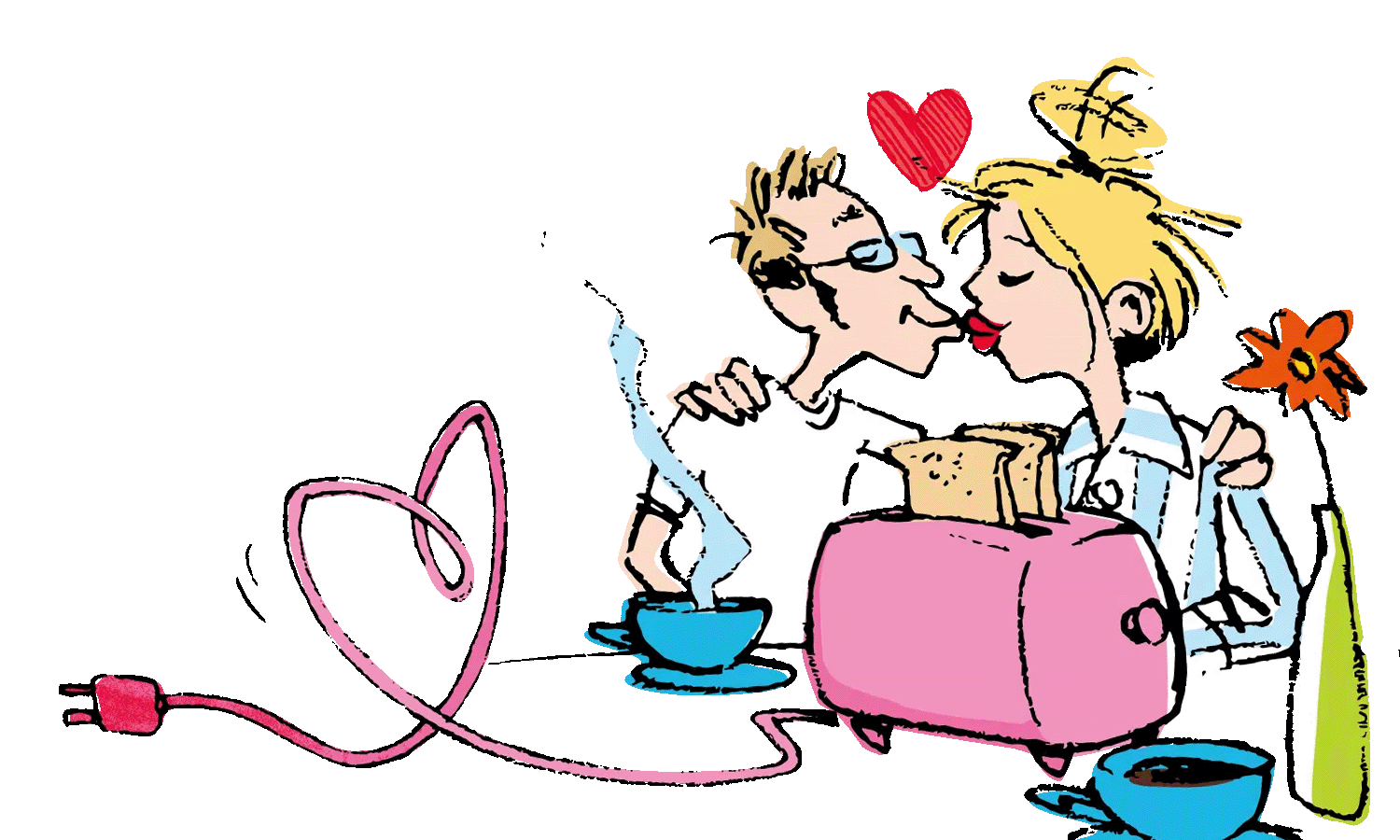 Illustration, Liebespaar beim Frühstück mit einem Toaster auf dem Tisch