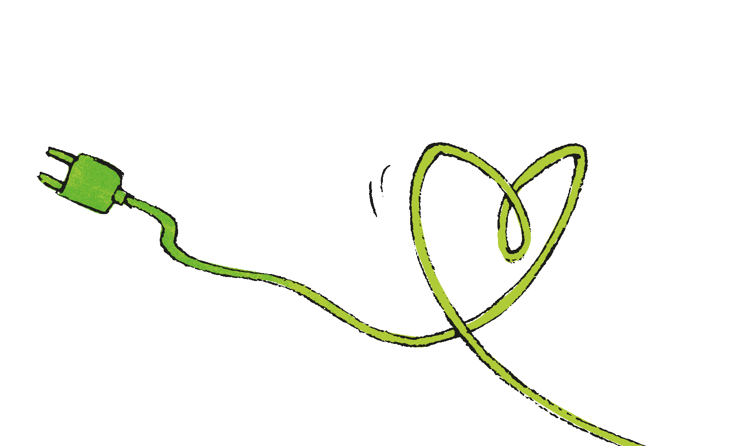 Illustration, grünes Stromkabel mit Stecker, Kabel formt ein Herz