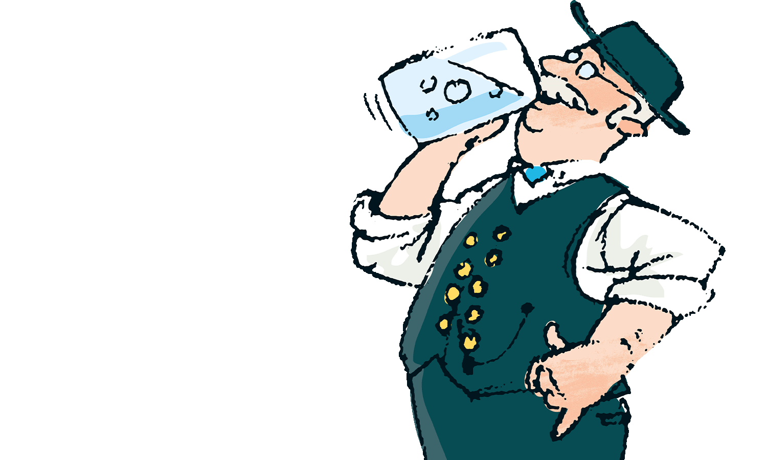Illustration, älterer Mann in Tracht trinkt Wasser aus einem Bierkrug