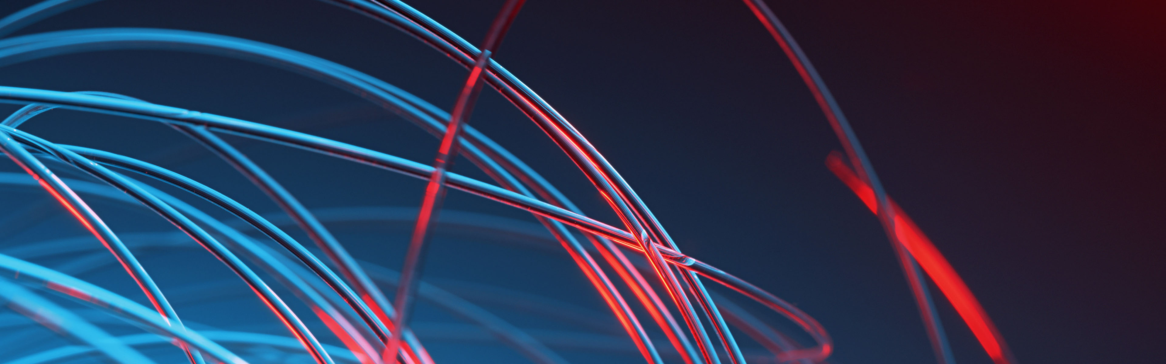 Rot leuchtende Glasfaserkabel vor blauem Hintergrund
