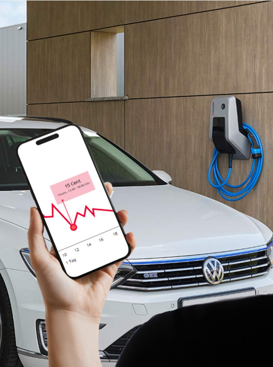Person hält Smartphone mit Lade-App vor einem Elektroauto, das an einer Wallbox-Ladestation angeschlossen ist.