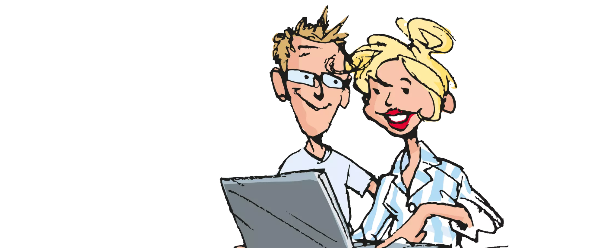Illustration von zwei Personen vor einem Laptop, Symbol für Teamarbeit oder digitale Beratung.