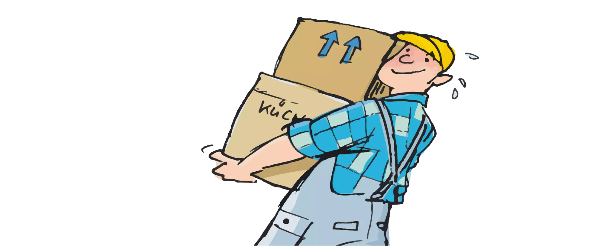 Mann trägt zwei Umzugskartons auf der Schulter, Illustration eines Handwerkers beim Tragen von Paketen.
