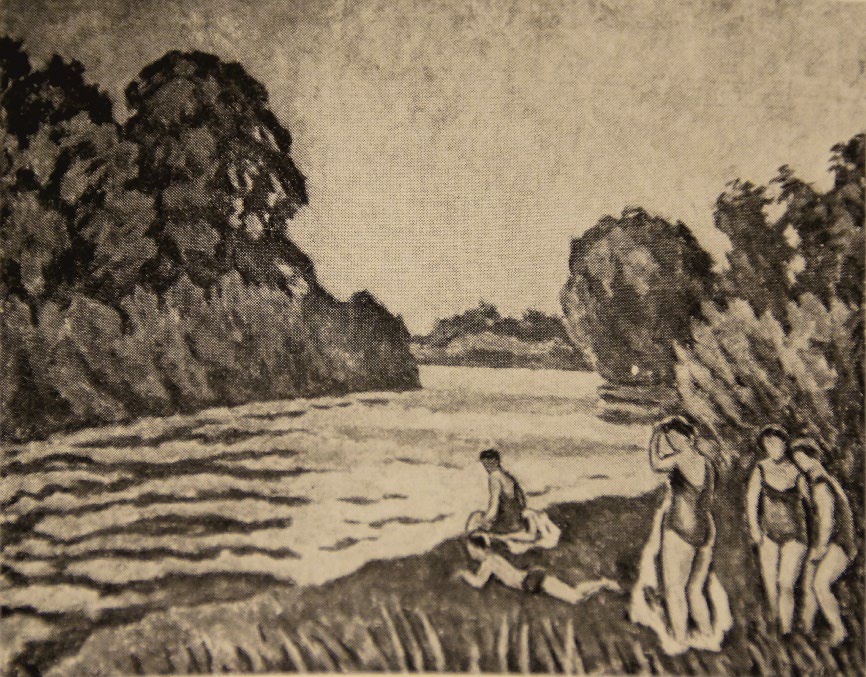 Zeichnung des Leobads, badende Personen vor einem Fluss