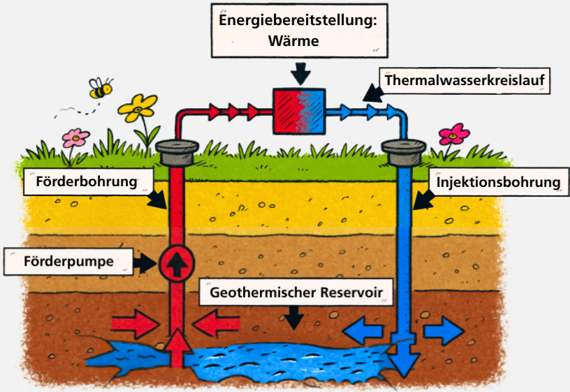 Comicartige Querschnittszeichnung eines geothermischen Heizsystems mit farblich markierten Förder- und Injektionsbohrungen, Wärmetauscher und beschrifteten Erdschichten.