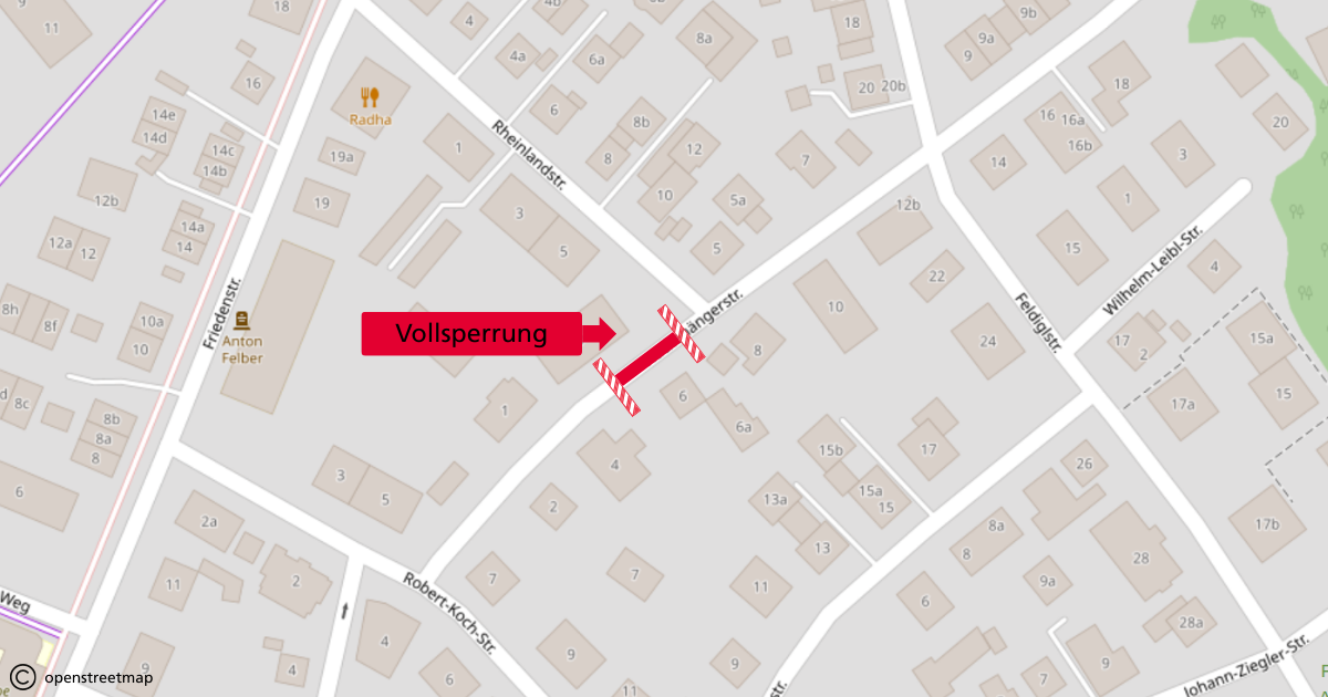 Kartenausschnitt Hackenängerstraße, Vollsperrung Höhe Hausnummer 6