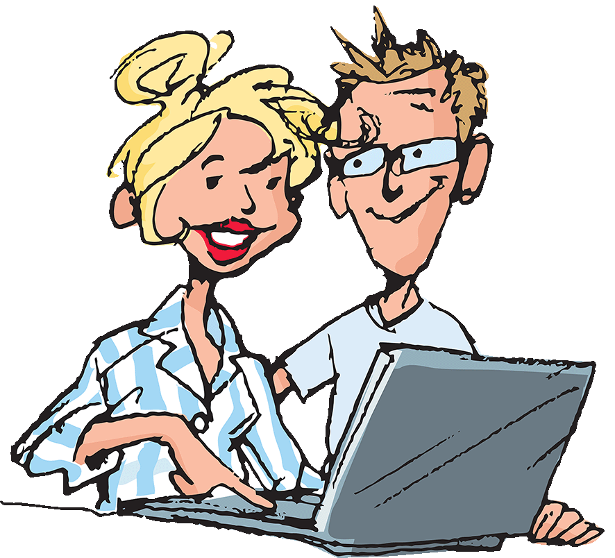 Illustration, Mann und Frau vor Laptop