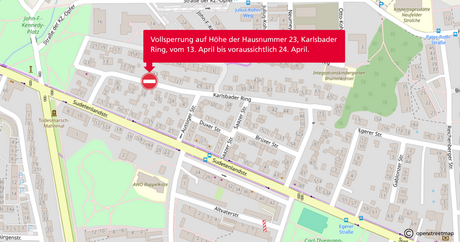Vollsperrung auf Höhe der Hausnummer 23, Karlsbader Ring, vom 13. April bis voraussichtlich 14. April. Auf openstreetmap eingezeichnet.