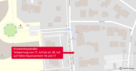 Teilsperrung in der Krankenhausstraße in Dachau von 17. Juli bis 28. Juli. Auf openstreetmap eingezeichnet.